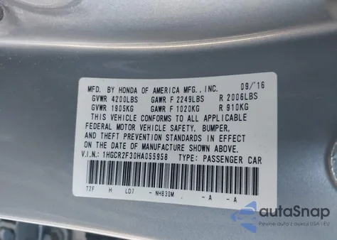 2017 Honda Accord Lx from USA, damaged, VIN 1HGCR2F30HA055958